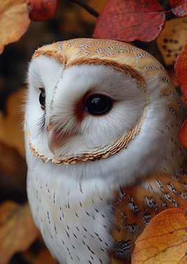 Barn Owl Portrait in Autumn Leaves