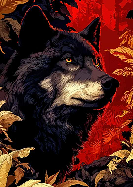 Wolf Portrait in Red Forest