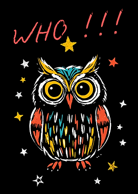 Colorful hand drawing minimalist Owl with Stars and Text
