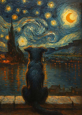 Dog gazing at Starry Night