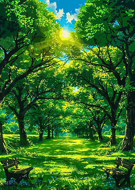 Lush Green Park with Benches