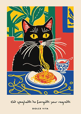 Black Cat Eating Spaghetti Art Print