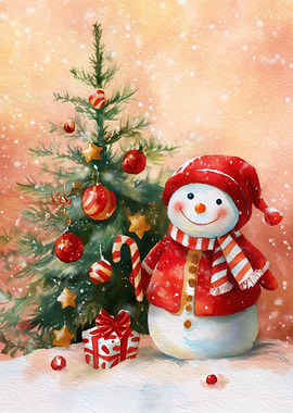 Festive Snowman and Christmas Tree Painting