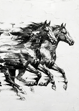 Running Horses Black and White Painting