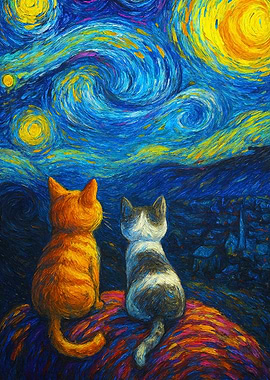 Cats Under Starry Night Sky Painting