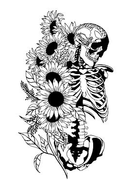 Skeleton with Sunflowers Black and White