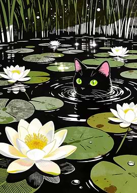 Black Cat in Lily Pond