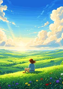 Girl in meadow, anime style