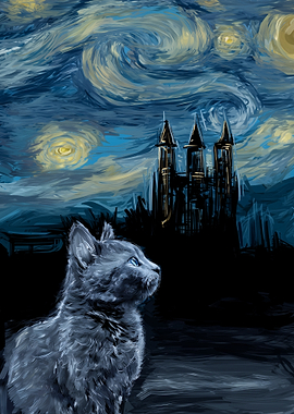 Cat gazing at starry night castle