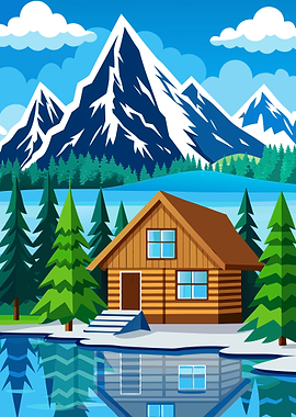 Cozy Wooden Cabin Illustration on Serene Mountain Lake