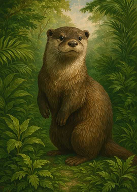 Otter in Lush Greenery Painting
