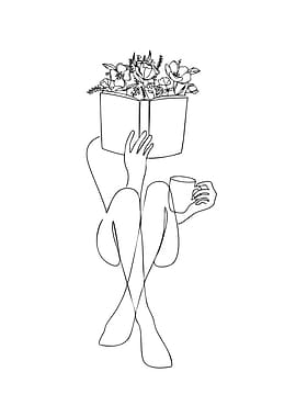 Line Art: Reading Woman with Flowers book and coffe