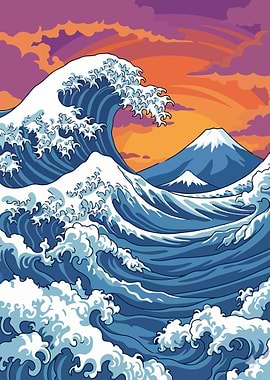 Great Wave Illustration with Mount Fuji