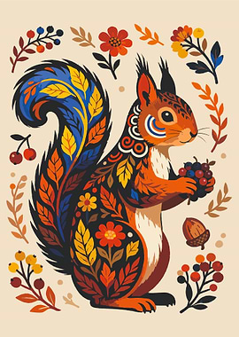 Colorful Squirrel with Berries and Flowers