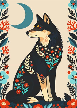 Floral Wolf and Moon Illustration