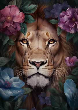 Lion portrait with floral elements