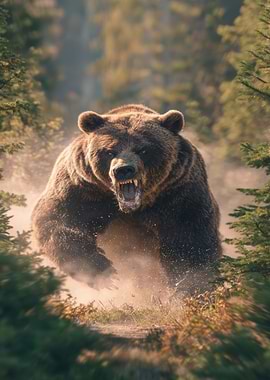Charging Grizzly Bear in Forest