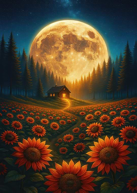 Sunflower Field Under a Giant Moon