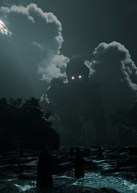 Mystical Golem in Dark Landscape