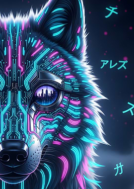 Cyberpunk Wolf with Cityscape Reflection