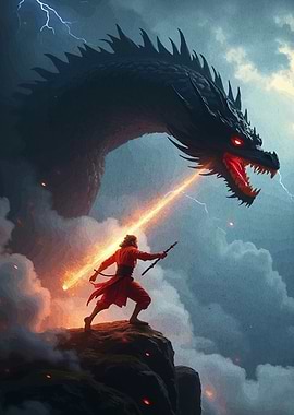 Warrior facing a dragon in stormy weather