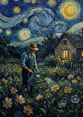Gardener Watering Flowers Under Starry Night