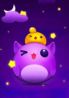 Cute Purple Cat and Yellow Chick