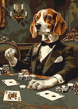 Dog playing poker in a suit