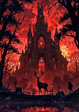 Gothic Cathedral with Deer in Red Landscape