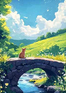 Cat on Bridge in Landscape Painting