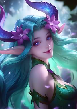Fantasy Elf Portrait with Floral Adornments and horns