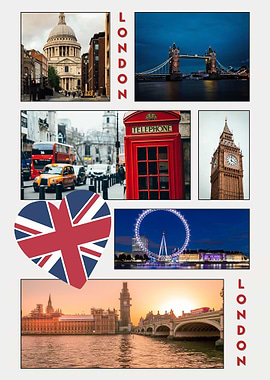 London Bigben Collage with Landmarks and Flag