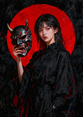 Woman with Oni Mask and Red Moon