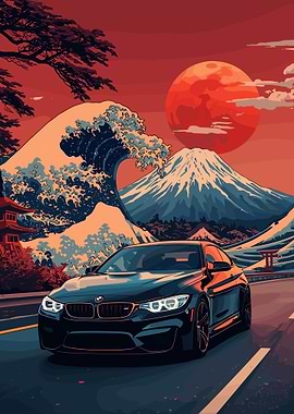 Black Car Wave Mountain Red Moon Kanagawa