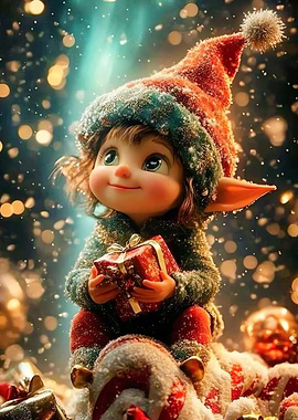 Cute Christmas Elf with Gift