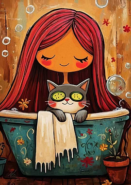 Girl and Cat Relaxing in Bathtub
