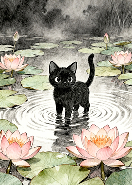 Black Cat in Lily Pond