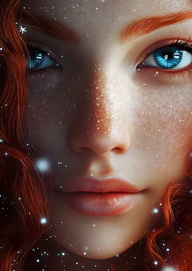 Close-up of a ginger woman's face with blue eyes while it's snowing