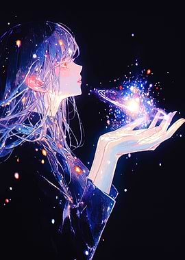 Anime Girl Holding Galaxy in Hand