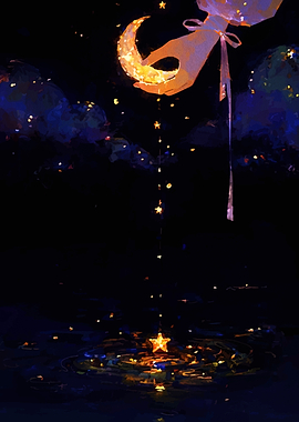 Hand holding moon, stars falling down