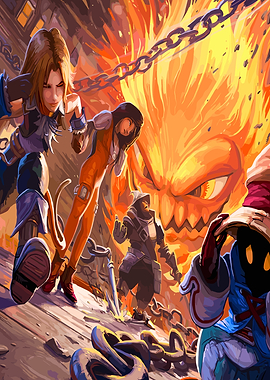 Final Fantasy Team Facing Fire Monster