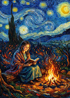 Woman Reading by Campfire, Starry Night