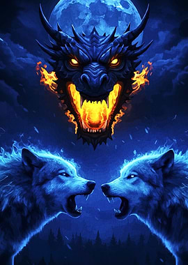 Dragon, Wolves, and Moon