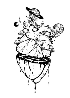 Anatomical Heart with Planets and Mushrooms