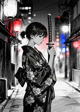 Kimono Girl with Katana in Alley