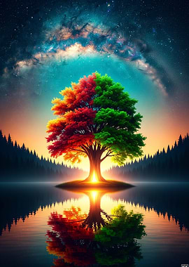 Vibrant tree of life with colorful leaves reflecting in serene lake