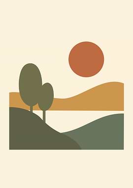 Minimalist Landscape with Trees and Sun