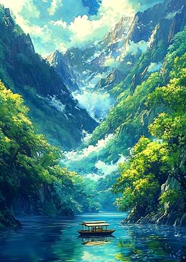 Mountain River Boat Landscape