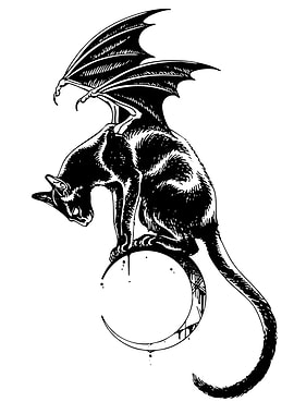 Winged Cat on Crescent Moon