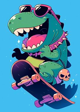 Cartoon Dinosaur on Skateboard